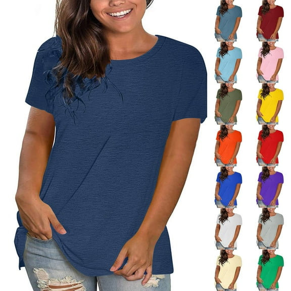 Nkmbld Summer Tops for Women, Plus Size Solid Short Sleeve Fashion Round Neck Loose T-Shirt Pullover Tops, Navy, Size S-3XL