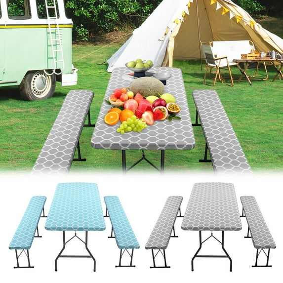 Nkmbld Tablecloth for Kitchen Outdoor Courtyard Waterproof Table Cover 3Pcs Picnic Tablecloth Back Flannel Elastic Table Runner, Gray