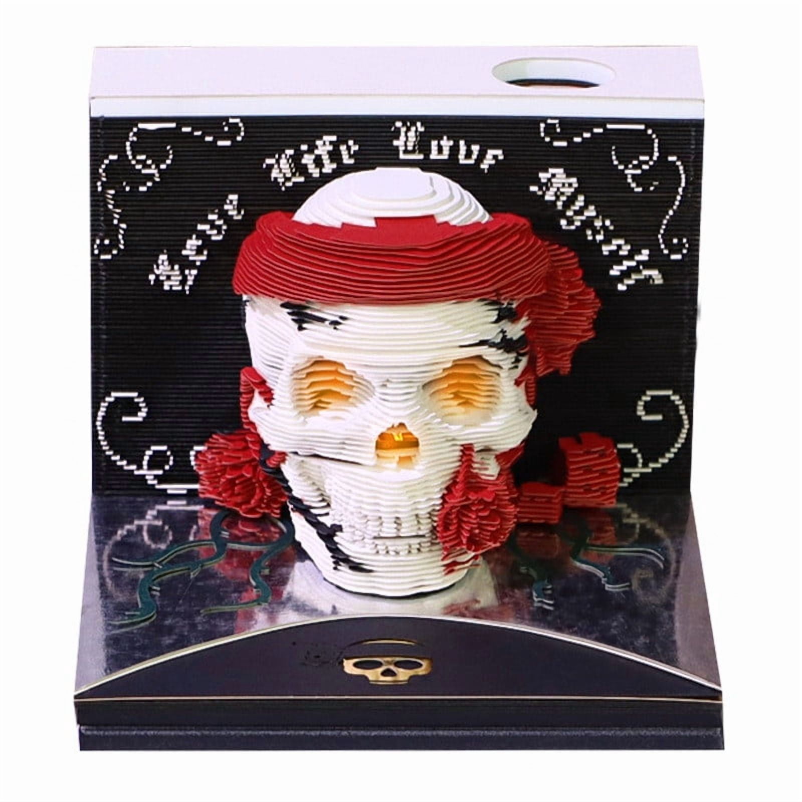 Nkmbld Time Piece Calendar with Lights, 3D Skeleton Time Piece Calendar 2026, DIY Tear-Away 3D Artsy Pads, 3D Memo Pad Paper Carving Art for Desktop Decor