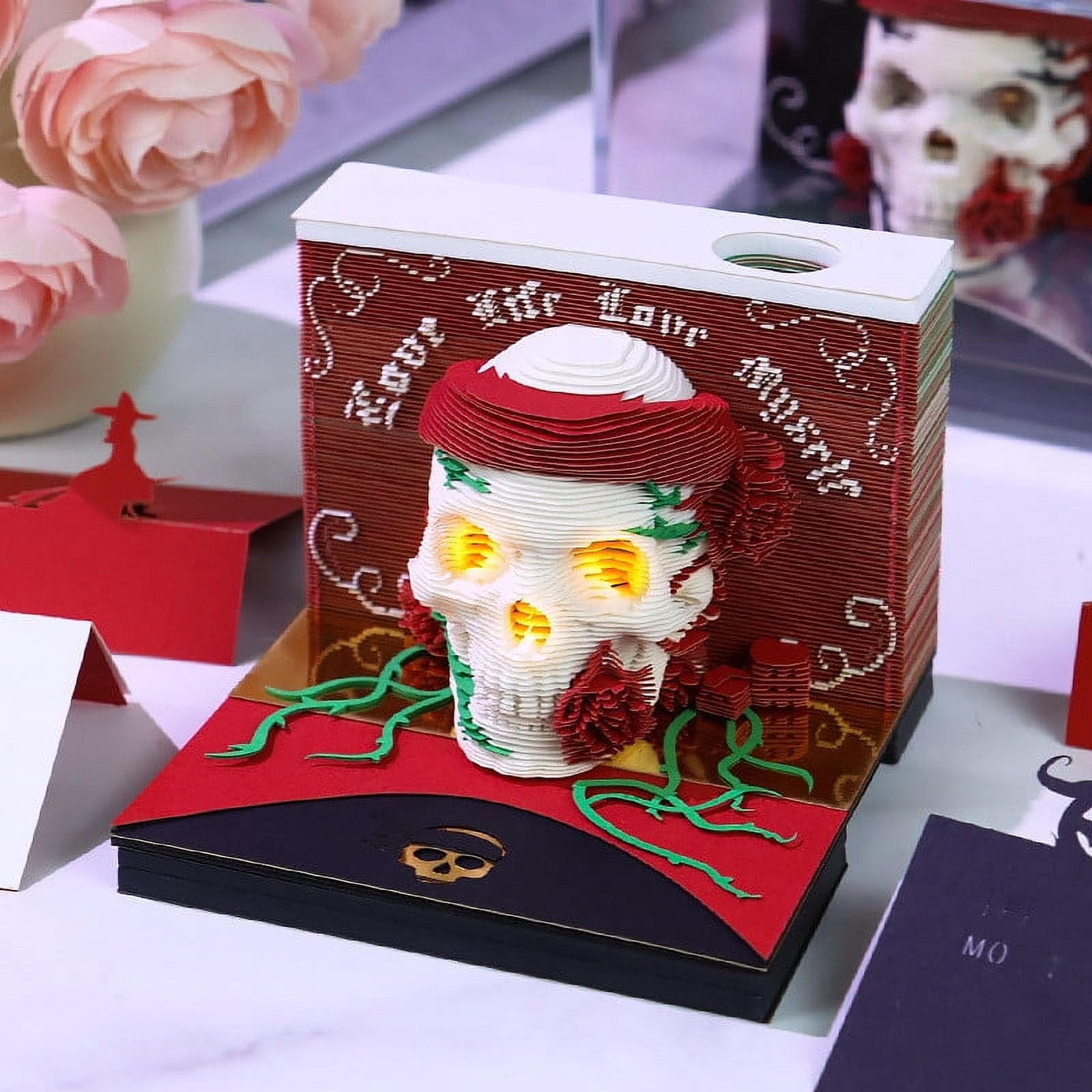 Nkmbld Time Piece Calendar with Lights, 3D Skeleton Time Piece Calendar 2026, DIY Tear-Away 3D Artsy Pads, 3D Memo Pad Paper Carving Art for Desktop Decor