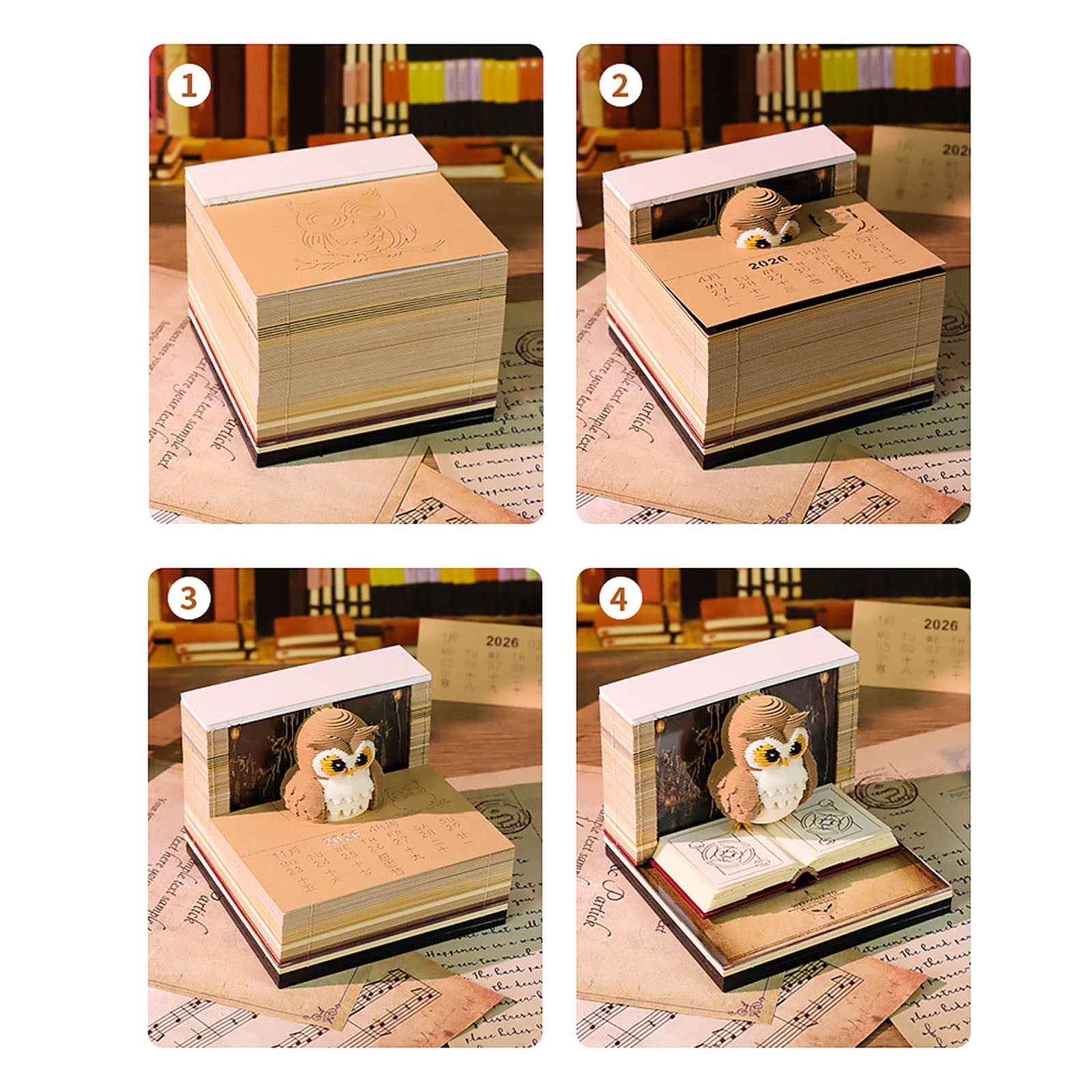 Nkmbld Time Piece Calendar with Lights, 52 Weekly Calendars for 2026 Book and Cute Owl Paper Carving Art Note Book Suitable for Room and Office Desktop, Brown