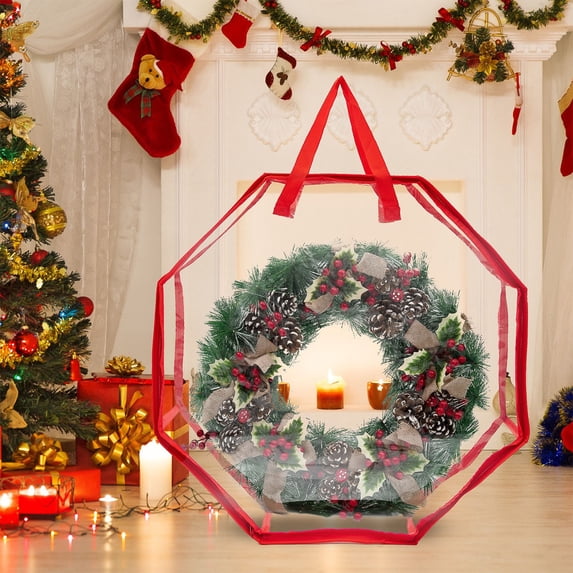 Nkmbld Transparent Christmas Wreath Storage Bag, Dustproofs Waterproof Xmas Tree Bag with Durable Reinforced Handles, Red