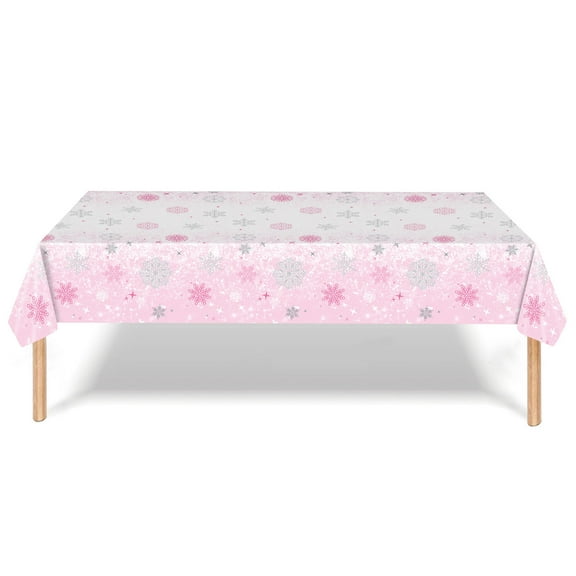 Nkmbld Vintage Tablecloth Snowflake Christmas Party Tablecloth Blue Snow Winter Party Birthday Decoration Disposable PE Tablecloth, Pink