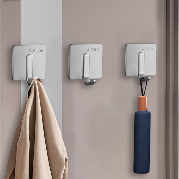 Nkmbld Wall Hooks for Hanging Heavy Duty, Stainless Steel Strong Load-Bearing Hook Kitchen Bathroom Towel Rack Wall Hanging Non Perforated Hook, Silver