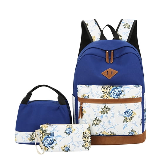 Nkmbld Waterproof Backpack Leisure Backpack Three Piece Set, Large Capacity Floral Backpack Suitable for Camping, Travel, and Going Out, Blue