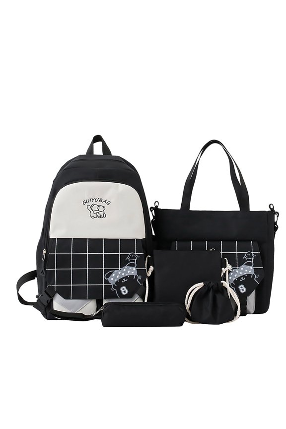 Waterproof Backpack Basic Classic Solid Color Backpack Five Piece Set, Black