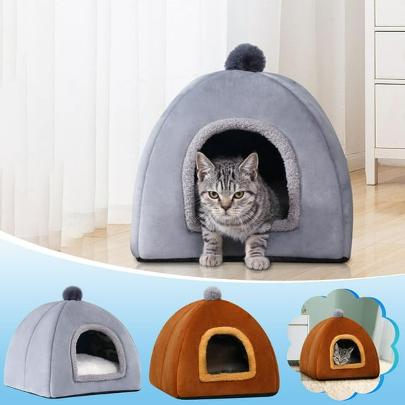 Nkmbld Winter Indoor Cat House, Warm Pet Tent Thickened and Comfortable Pet House, Anti-Slip & Washable Super Soft Fluffy Plush Pet Bed, Gray