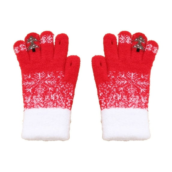 Nkmbld Winter Thermal Gloves for Men Women, Snowflake Christmas Tree Warm Gloves Winter Padded Thickened Knitted Plush Mittens for Cold Weather, Red