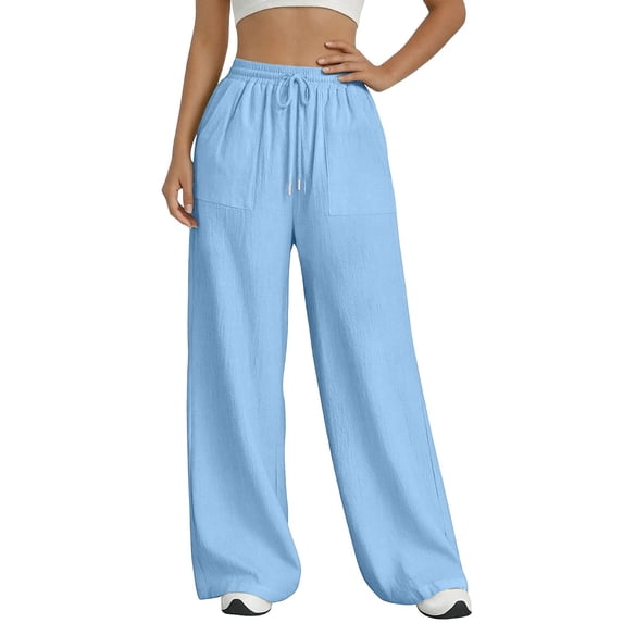 Nkmbld Women Linen Pants Wide Leg Drawstring Waist Pant Casual Summer Lounge with Pockets