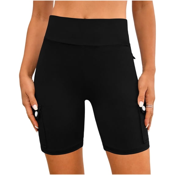Nkmbld Women's Biker Shorts Solid High Waist Cargo Yoga Tummy Control Athletic Workout Pants with Pockets