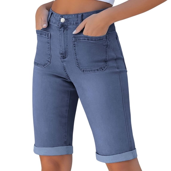 Nkmbld Women's Denim Shorts High Waist Rolled Hem Casual Summer Elastic Classic Jean Shorts with Pockets