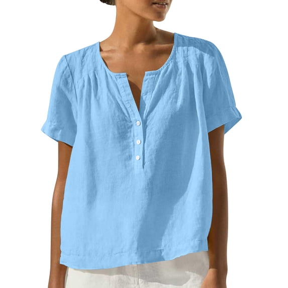 Nkmbld Women's Linen Top Summer Button V neck Casual Solid Short sleeve Loose Shirts