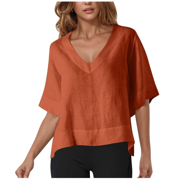 Nkmbld Women's Linen Tops Summer V Neck Loose Fit Shirts Short Sleeve Casual Solid Tee Shirts