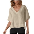 thumbnail image 1 of Nkmbld Women's Linen Tops Summer V Neck Loose Fit Shirts Short Sleeve Casual Solid Tee Shirts, 1 of 5