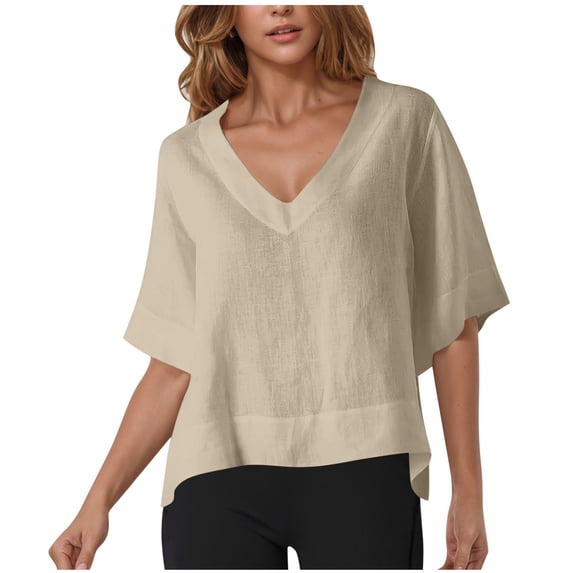 Nkmbld Women's Linen Tops Summer V Neck Loose Fit Shirts Short Sleeve Casual Solid Tee Shirts