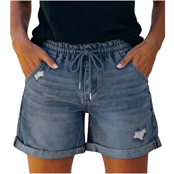 Nkmbld Women's Ripped Denim Shorts Drawstring Elastic Waist Distressed Jeans Shorts