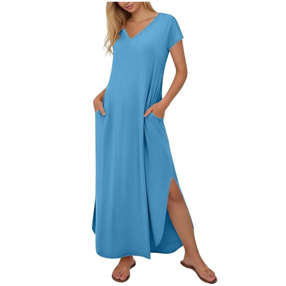 Nkmbld Women's Summer Maxi Dress T-Shirt V-Neck Plus size Split Maxi Dresses Beach Vacation Dress