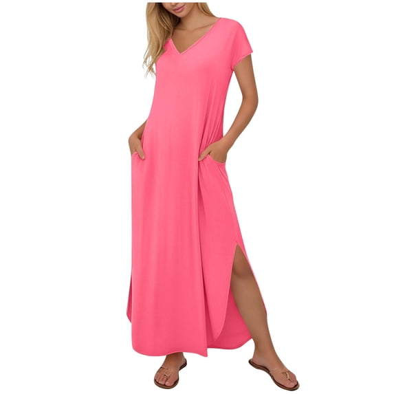 Nkmbld Women's Summer Maxi Dress T-Shirt V-Neck Plus size Split Maxi Dresses Beach Vacation Dress