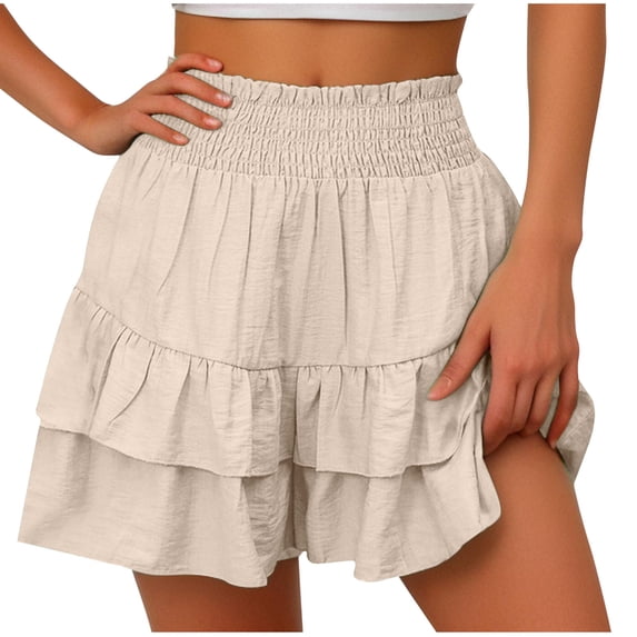 Nkmbld Women's Summer Shorts Solid Casual Beach Vacation Layered Ruffle Wide Leg Flowy Clothes