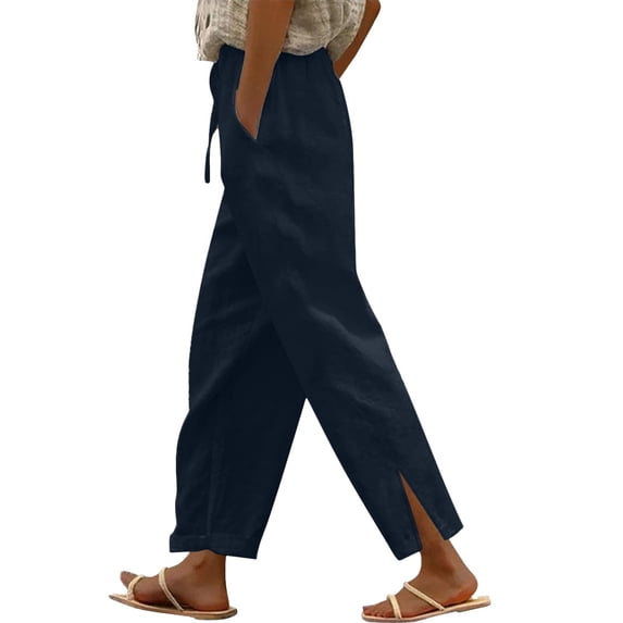 Nkmbld Women's Wide Leg Pants Work Office Business Pants Cotton Linen Casual Trousers with Buttons