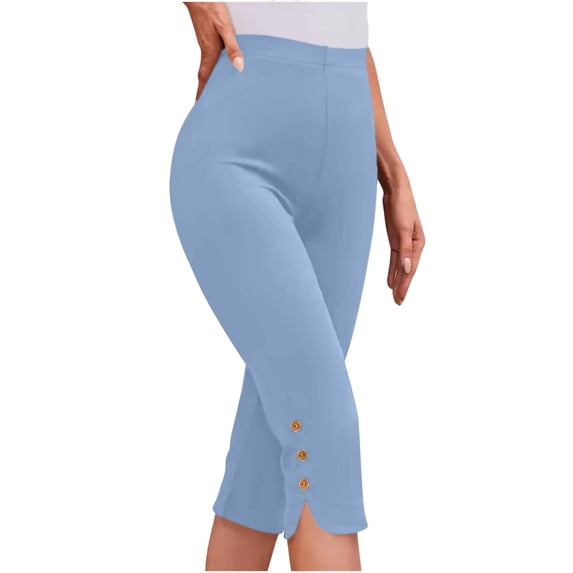 Nkmbld Womens Capris Summer Solid Color Capris Matching Slim Fitting Yoga Gym Pants Leggings with Button