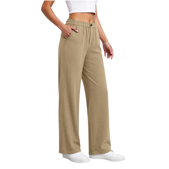 Nkmbld Womens Cotton Linen Pants Casual Button Elastic Waist Wide Leg Summer Trousers