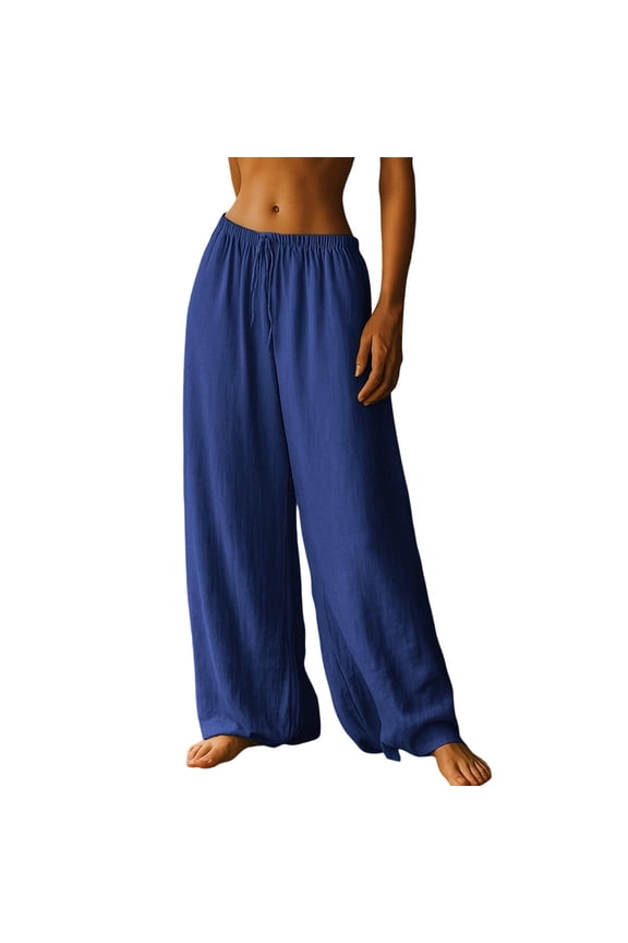 Womens Linen Pants Wide Leg Drawstring Flowy Plus Size Work Pants Summer Beach Trousers