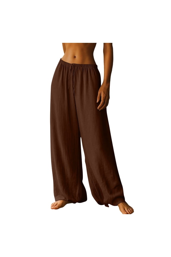Womens Linen Pants Wide Leg Drawstring Flowy Plus Size Work Pants Summer Beach Trousers