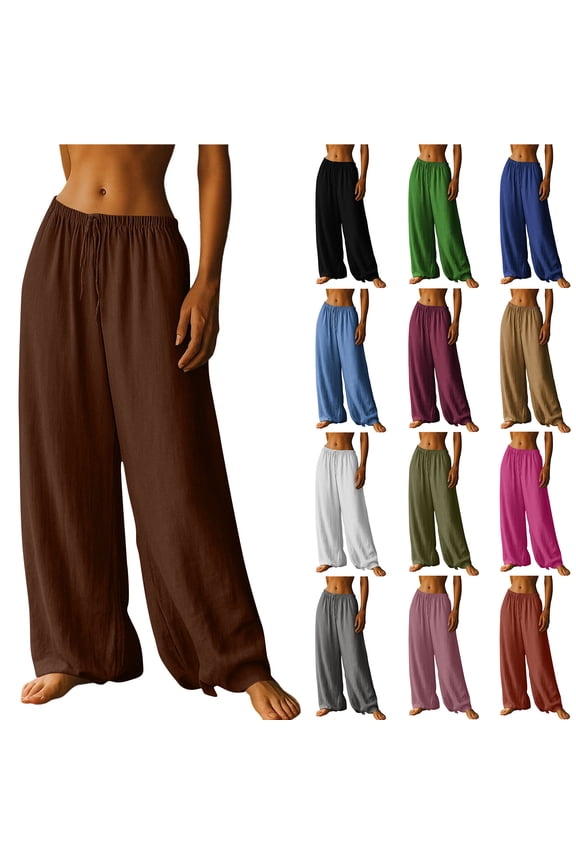 Womens Linen Pants Wide Leg Drawstring Flowy Plus Size Work Pants Summer Beach Trousers