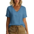 thumbnail image 1 of Nkmbld Womens Linen Tops Summer V Neck Basic Shirts Short Sleeve Casual Solid Tee Shirts, 1 of 7