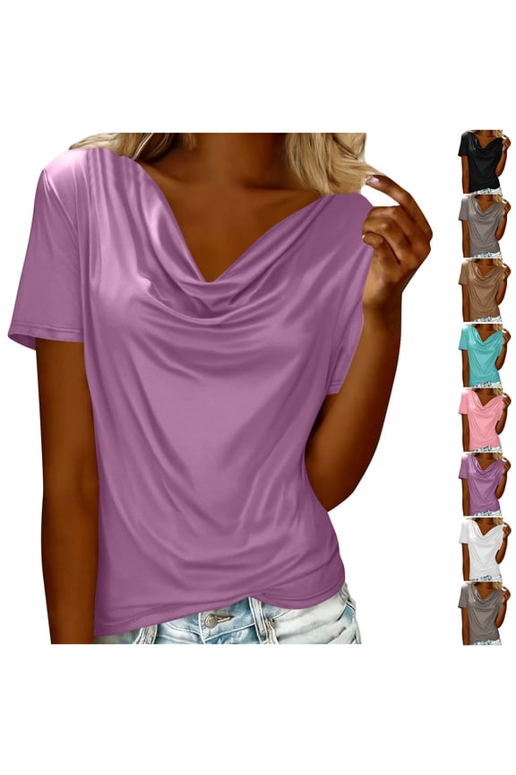 Womens Tops Dressy Casual Clothing Summer Cowl Neck Short Sleeve Blouses Spring Business Work Office Shirts