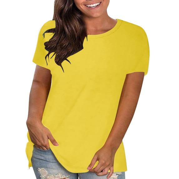 Nkmbld Womens Tops Summer Short Sleeve Plus Size Solid Round Neck Loose T-Shirt Pullover Tops, Yellow, Size S-4XL