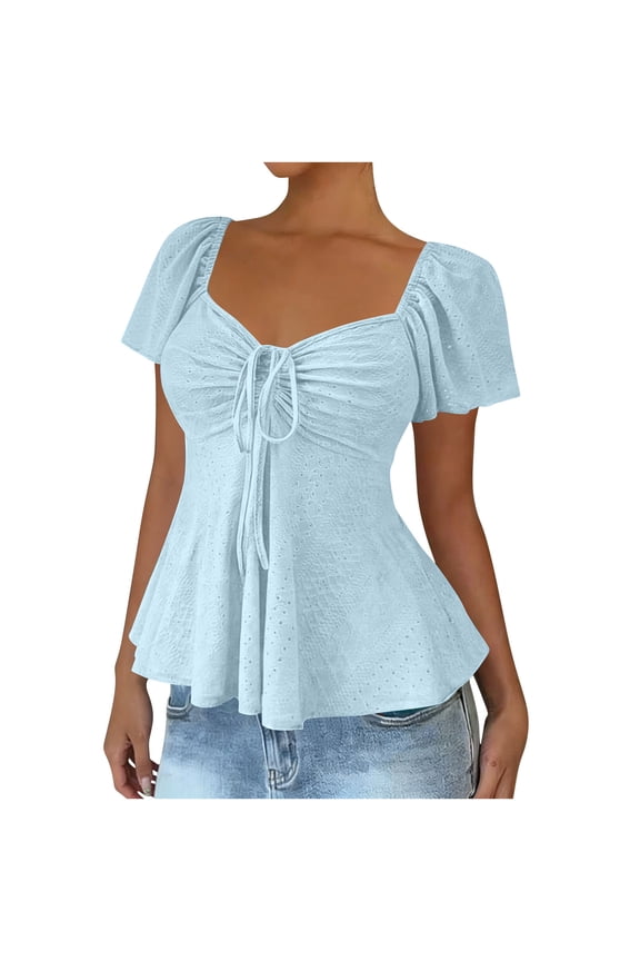 Womens Tops Tie Front Slim Fit Frill Trim Ruched V Neck Short Sleeve Cute Shirts