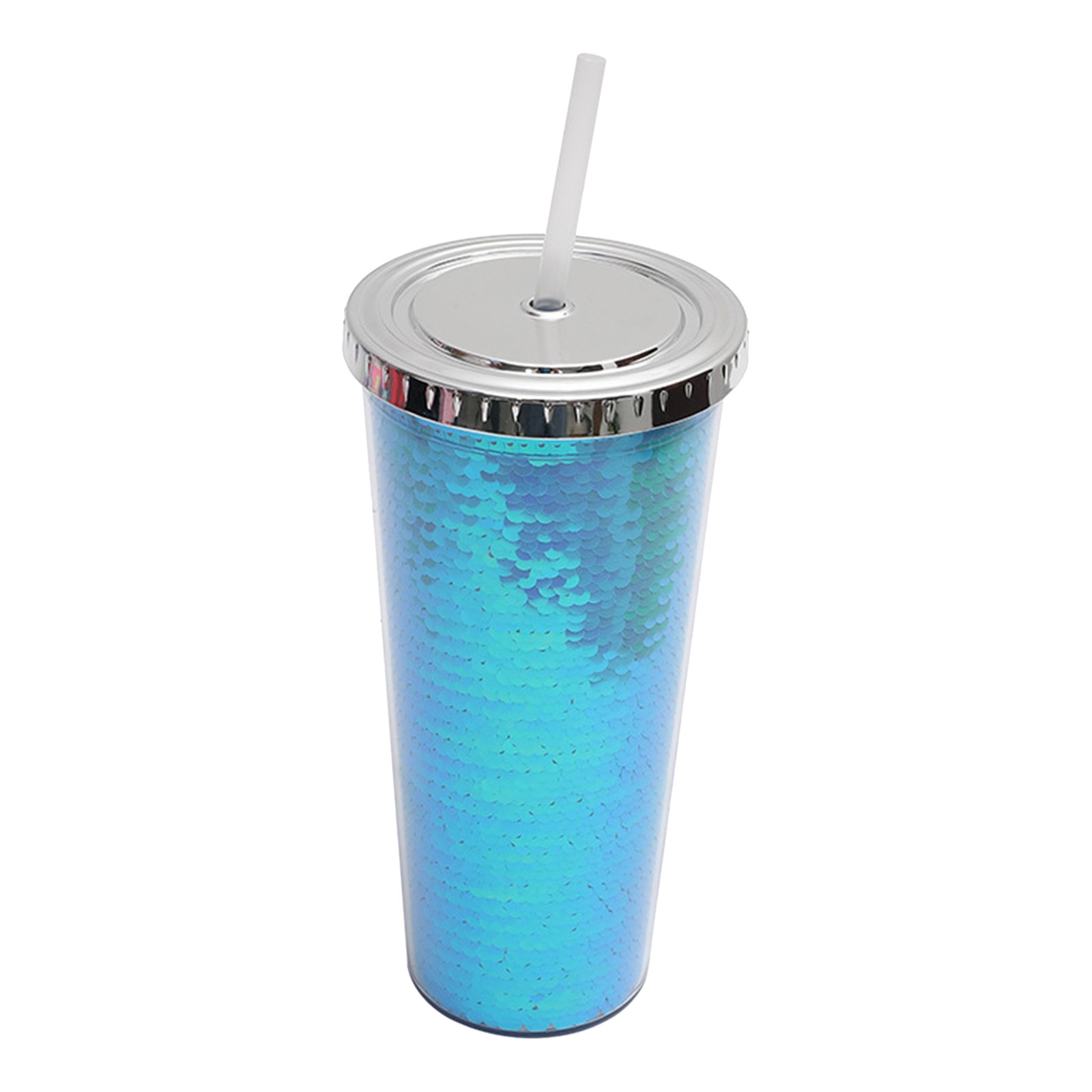 Nksudet Double Layer Plastic Cup Sequins Straw Cup Creative Summer Cold Drink Water Cup E