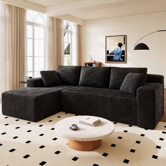Nkurdsu 96" Modular Sectional Sofa, Boneless L-Shaped Cloud Couch, No Assembly Required, Modern Corduroy Sofa for Living Room, Black (Left Facing Chaise)