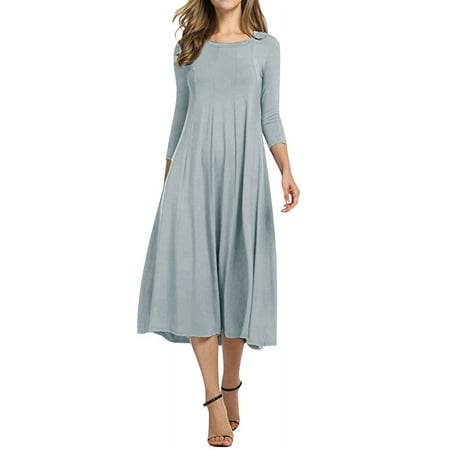 Nlife Women 3/4 Sleeve Round Neck Swing Midi Dress,M