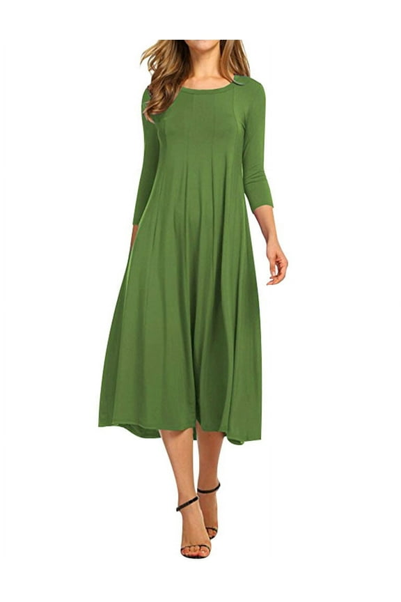 Women 3/4 Sleeve Round Neck Swing Midi Dress