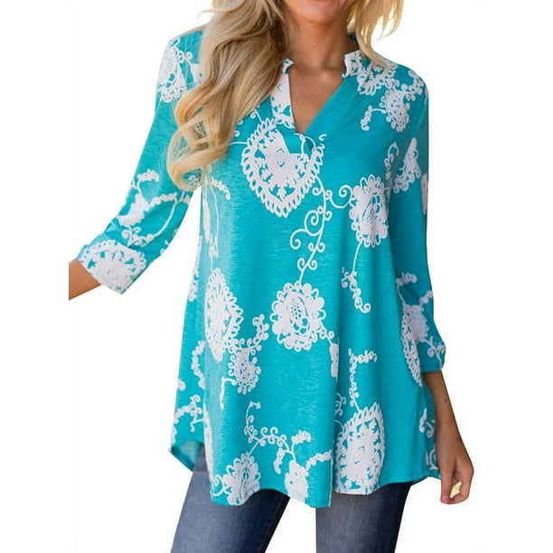 Nlife Women Bohemian 3/4 Sleeve V Neck Floral Print Shirt - Walmart.com