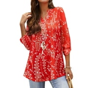 NFTOEIULA Nlife Women Bohemian 3/4 Sleeve V Neck Floral Print Shirt