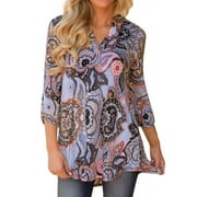 Nlife Women Bohemian 3/4 Sleeve V Neck Floral Print Shirt