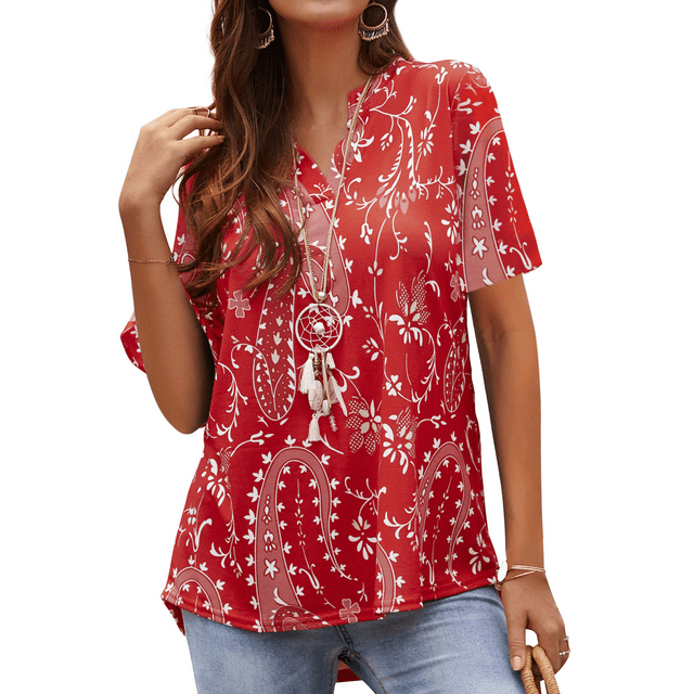 Nlife Women Bohemian Floral Print V-Neck Short Sleeve Casual Blouse Top ...