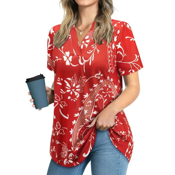 Nlife Women Bohemian Floral Print V-Neck Short Sleeve Casual Blouse Top.