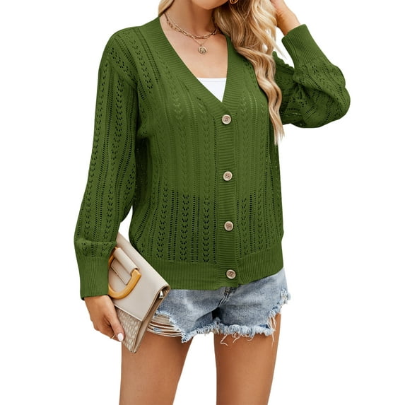 Nlife Women Button Down Crochet Cutout Long Sleeve Knit Cardigan