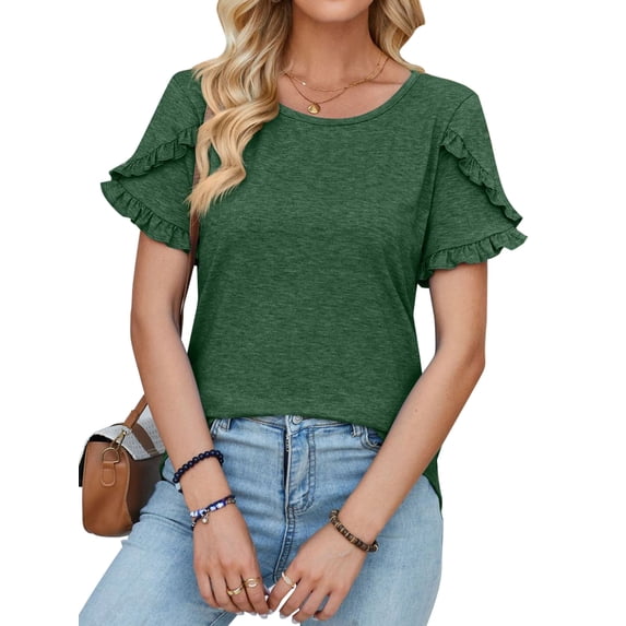 Nlife Women Chic Round Neck Top with Ruffle Sleeves