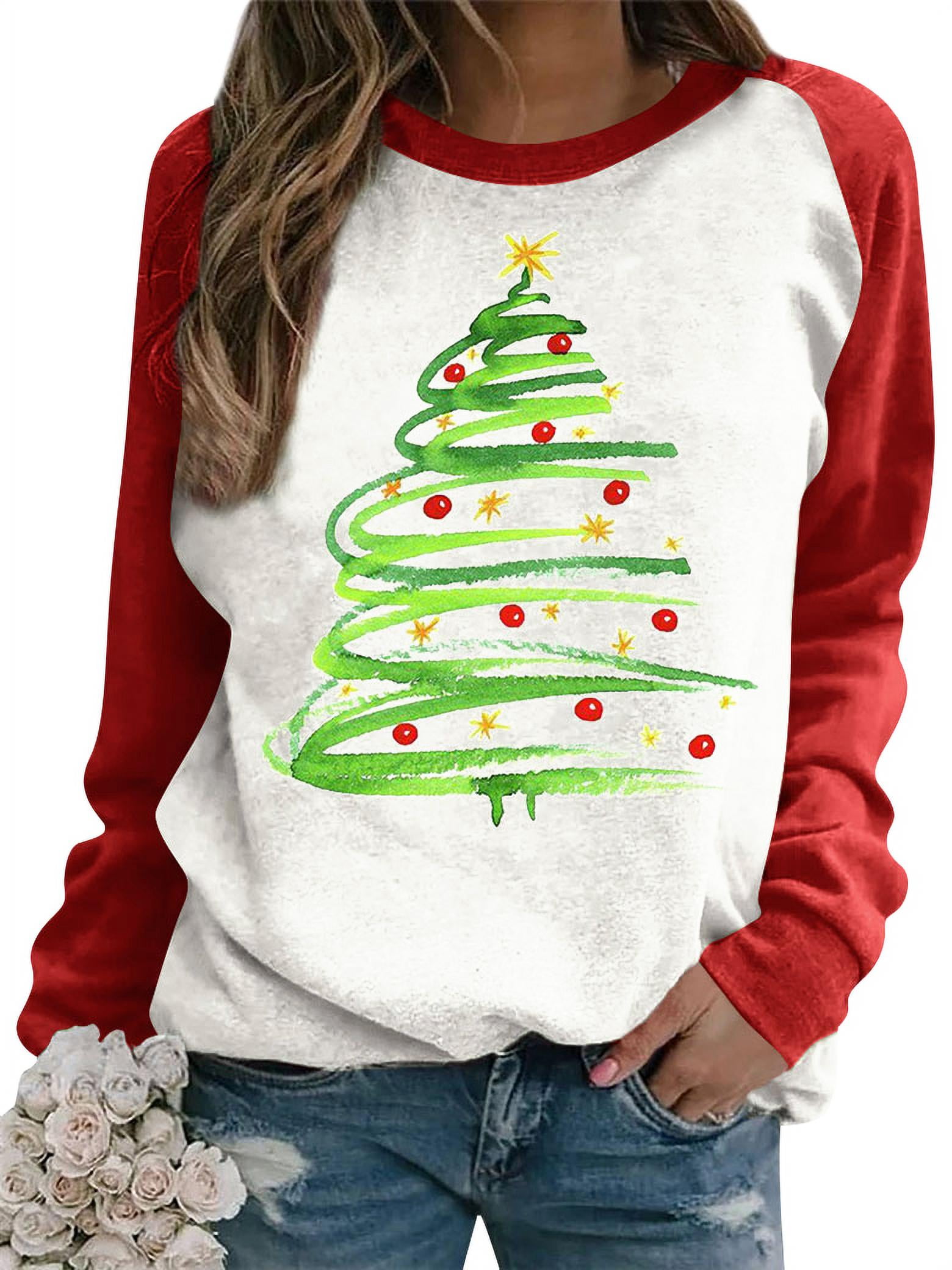 Nlife Women Christmas Tree Graphic Print Raglan Long Sleeve Round Neck ...