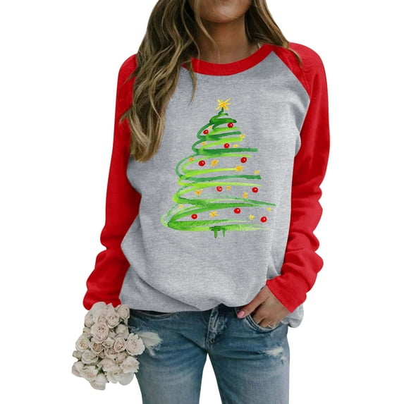 Nlife Women Christmas Tree Graphic Print Raglan Long Sleeve Round Neck Shirt