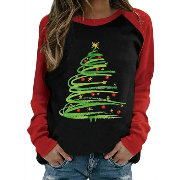 Nlife Women Christmas Tree Graphic Print Raglan Long Sleeve Round Neck Shirt