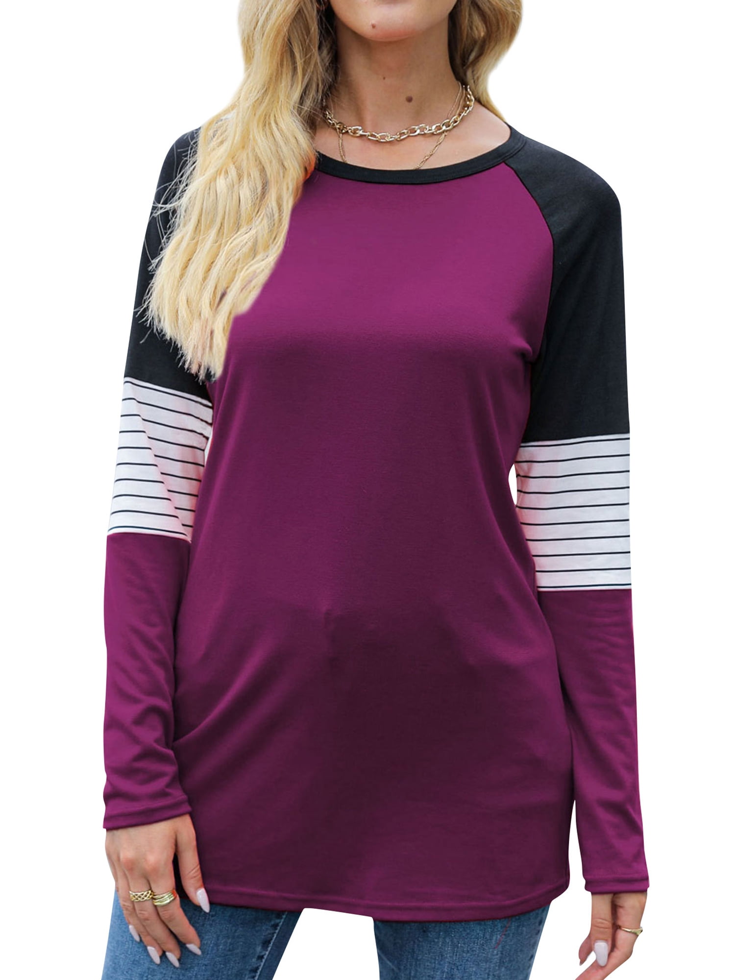 Nlife Women Colorblock Stitching Sleeve Raglan T-shirt Stripe Long