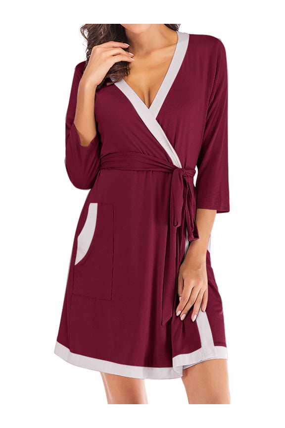 Women Contrast Color 3/4 Sleeve Wrap Self Tie Belt Mini Bathrobe