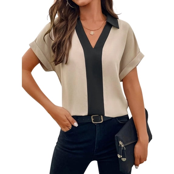 Nlife Women Contrast Color V Neck Rolled Short Sleeve Shirt